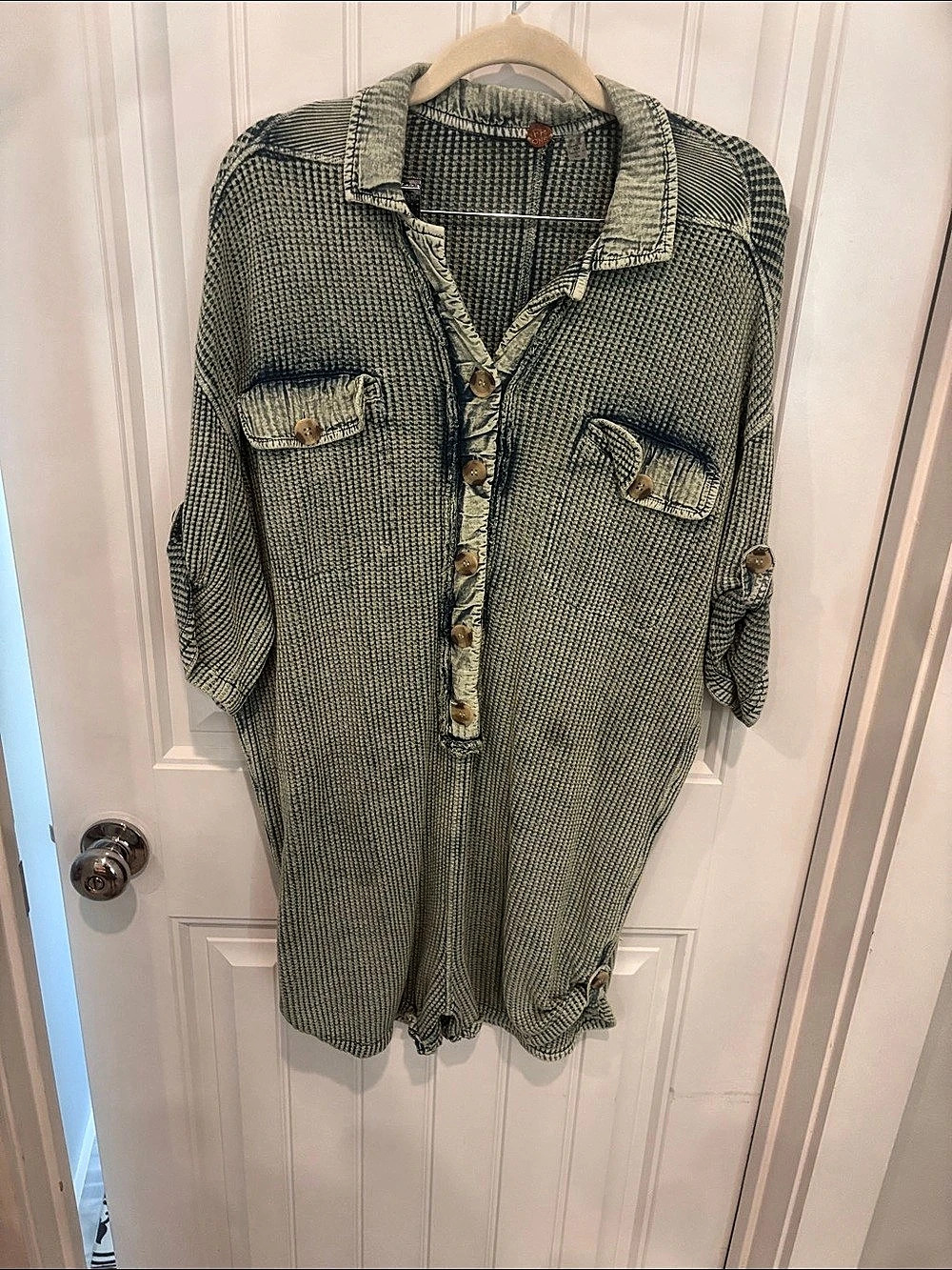 Free People FP One Kaiden Collared Cotton Romper Green & White